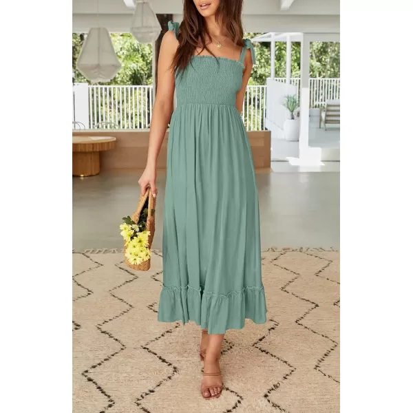 imageZESICA Womens 2023 Summer Boho Spaghetti Strap Square Neck Solid Color Ruffle A Line Beach Long Maxi DressGreen