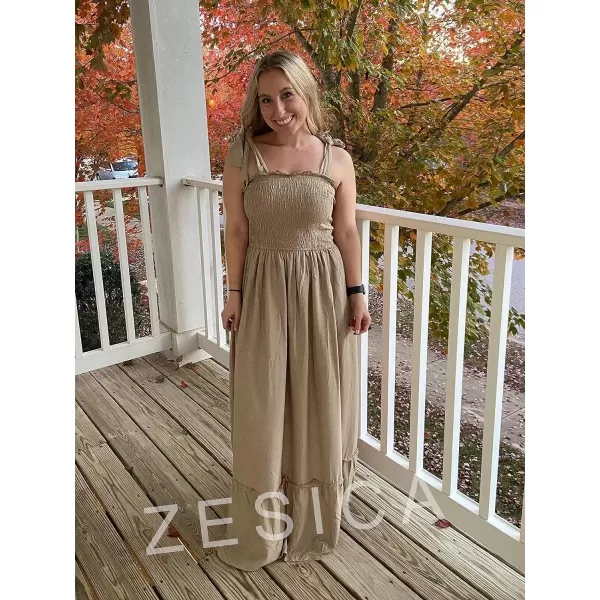 imageZESICA Womens 2023 Summer Boho Spaghetti Strap Square Neck Solid Color Ruffle A Line Beach Long Maxi DressKhaki