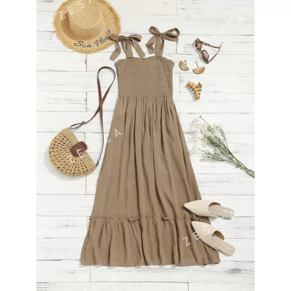 imageZESICA Womens 2023 Summer Boho Spaghetti Strap Square Neck Solid Color Ruffle A Line Beach Long Maxi DressKhaki