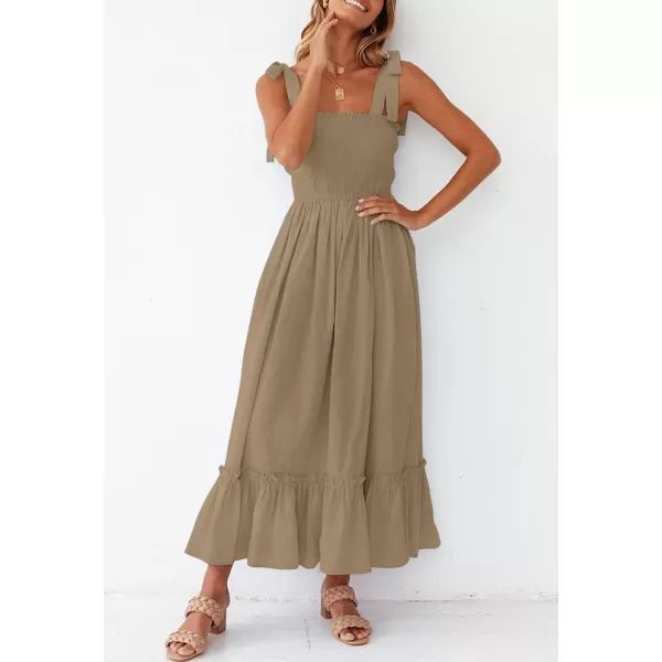 imageZESICA Womens 2023 Summer Boho Spaghetti Strap Square Neck Solid Color Ruffle A Line Beach Long Maxi DressKhaki