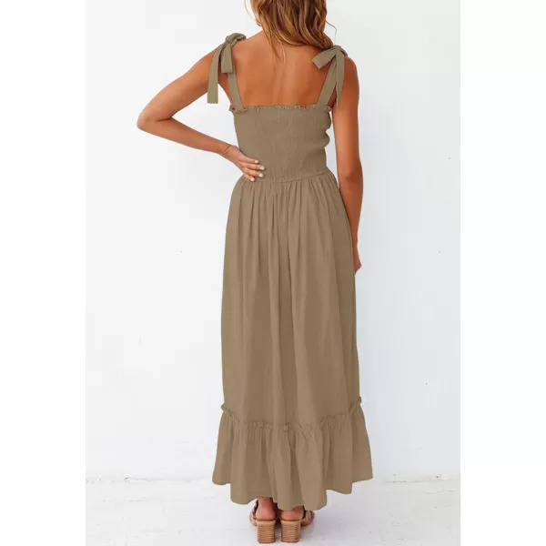 imageZESICA Womens 2023 Summer Boho Spaghetti Strap Square Neck Solid Color Ruffle A Line Beach Long Maxi DressKhaki