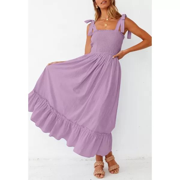 imageZESICA Womens 2023 Summer Boho Spaghetti Strap Square Neck Solid Color Ruffle A Line Beach Long Maxi DressLavender