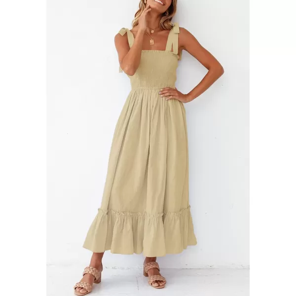 imageZESICA Womens 2023 Summer Boho Spaghetti Strap Square Neck Solid Color Ruffle A Line Beach Long Maxi DressLightyellow