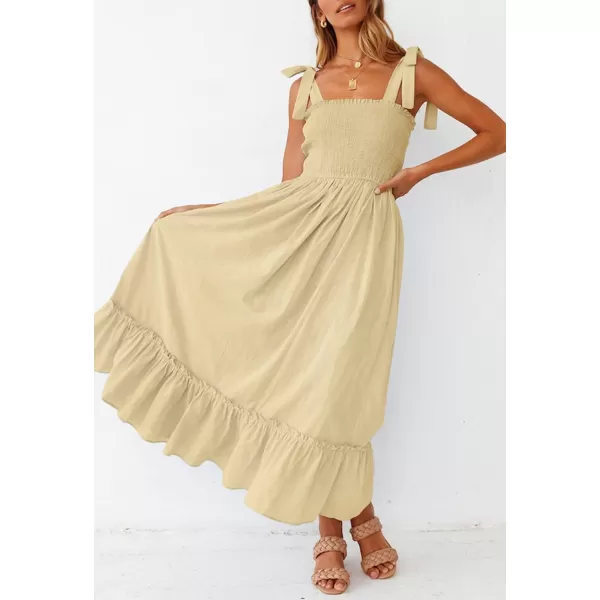 imageZESICA Womens 2023 Summer Boho Spaghetti Strap Square Neck Solid Color Ruffle A Line Beach Long Maxi DressLightyellow