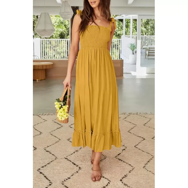 imageZESICA Womens 2023 Summer Boho Spaghetti Strap Square Neck Solid Color Ruffle A Line Beach Long Maxi DressMustard