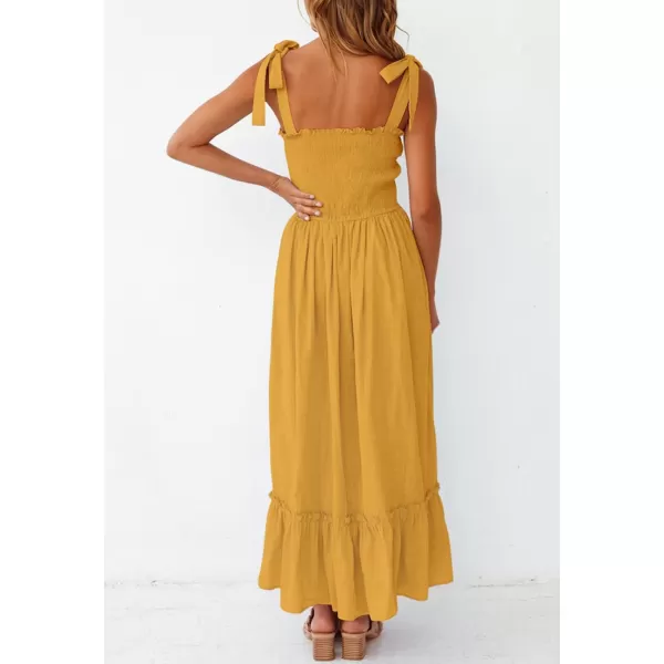 imageZESICA Womens 2023 Summer Boho Spaghetti Strap Square Neck Solid Color Ruffle A Line Beach Long Maxi DressMustard