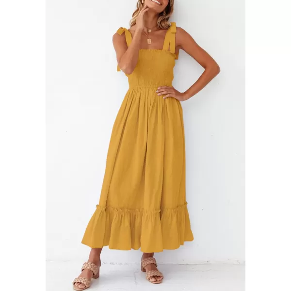 imageZESICA Womens 2023 Summer Boho Spaghetti Strap Square Neck Solid Color Ruffle A Line Beach Long Maxi DressMustard