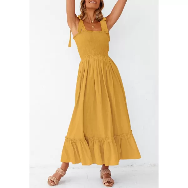 imageZESICA Womens 2023 Summer Boho Spaghetti Strap Square Neck Solid Color Ruffle A Line Beach Long Maxi DressMustard