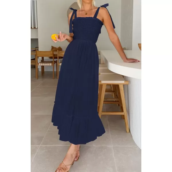 imageZESICA Womens 2023 Summer Boho Spaghetti Strap Square Neck Solid Color Ruffle A Line Beach Long Maxi DressNavy