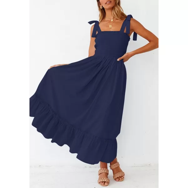 imageZESICA Womens 2023 Summer Boho Spaghetti Strap Square Neck Solid Color Ruffle A Line Beach Long Maxi DressNavy