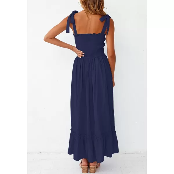 imageZESICA Womens 2023 Summer Boho Spaghetti Strap Square Neck Solid Color Ruffle A Line Beach Long Maxi DressNavy