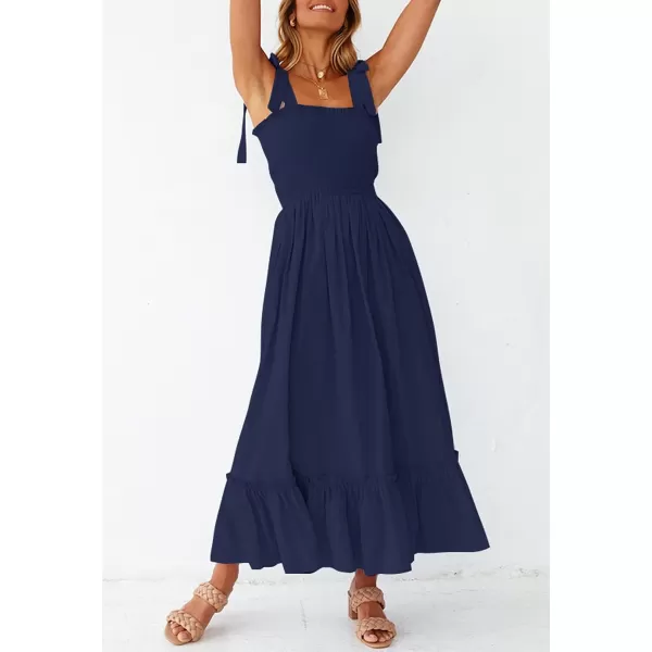 imageZESICA Womens 2023 Summer Boho Spaghetti Strap Square Neck Solid Color Ruffle A Line Beach Long Maxi DressNavy