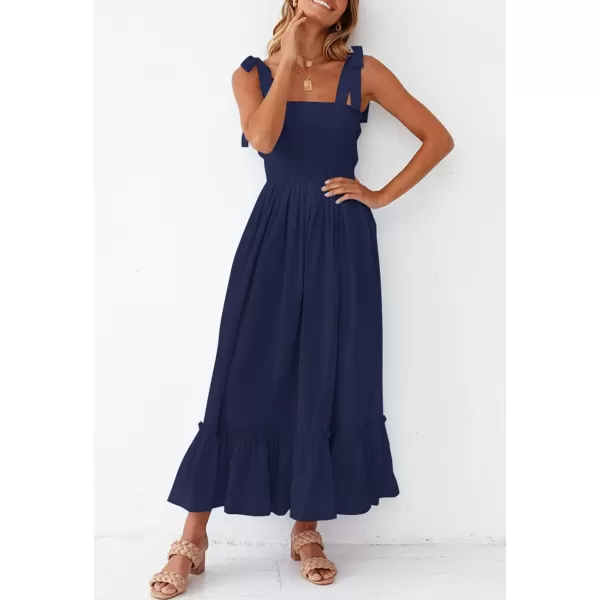 imageZESICA Womens 2023 Summer Boho Spaghetti Strap Square Neck Solid Color Ruffle A Line Beach Long Maxi DressNavy
