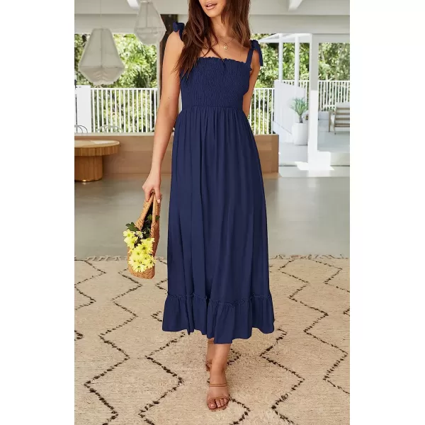 imageZESICA Womens 2023 Summer Boho Spaghetti Strap Square Neck Solid Color Ruffle A Line Beach Long Maxi DressNavy