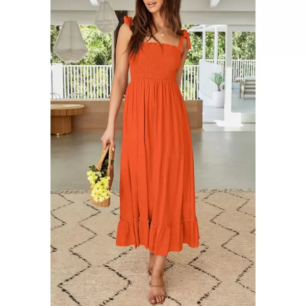 imageZESICA Womens 2023 Summer Boho Spaghetti Strap Square Neck Solid Color Ruffle A Line Beach Long Maxi DressOrange
