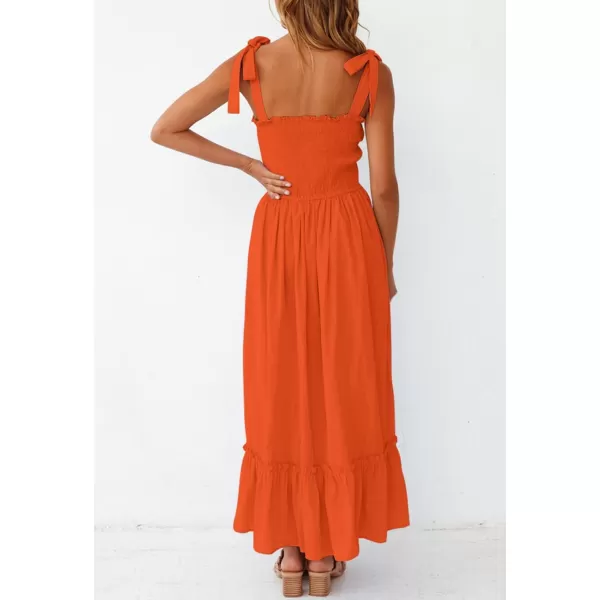 imageZESICA Womens 2023 Summer Boho Spaghetti Strap Square Neck Solid Color Ruffle A Line Beach Long Maxi DressOrange
