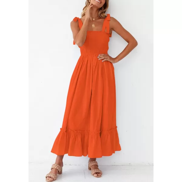 imageZESICA Womens 2023 Summer Boho Spaghetti Strap Square Neck Solid Color Ruffle A Line Beach Long Maxi DressOrange