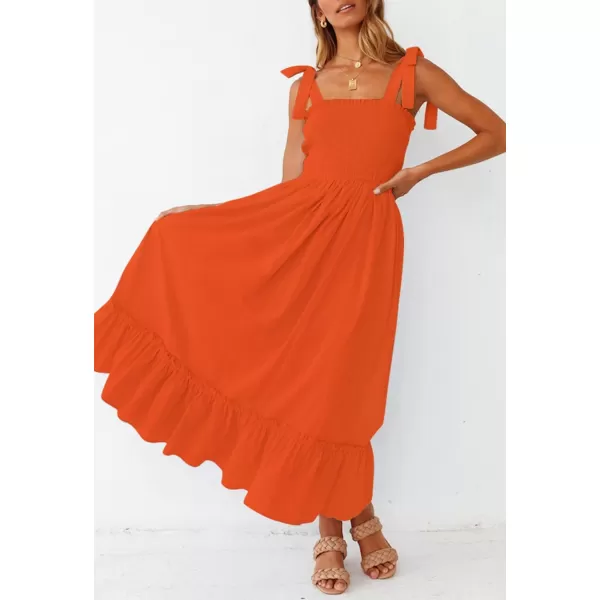 imageZESICA Womens 2023 Summer Boho Spaghetti Strap Square Neck Solid Color Ruffle A Line Beach Long Maxi DressOrange