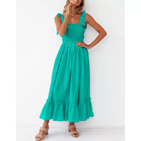 imageZESICA Womens 2023 Summer Boho Spaghetti Strap Square Neck Solid Color Ruffle A Line Beach Long Maxi DressPeacock