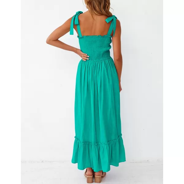 imageZESICA Womens 2023 Summer Boho Spaghetti Strap Square Neck Solid Color Ruffle A Line Beach Long Maxi DressPeacock