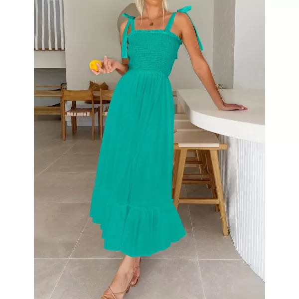 imageZESICA Womens 2023 Summer Boho Spaghetti Strap Square Neck Solid Color Ruffle A Line Beach Long Maxi DressPeacock