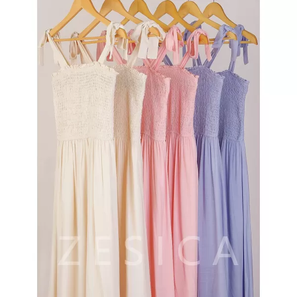 imageZESICA Womens 2023 Summer Boho Spaghetti Strap Square Neck Solid Color Ruffle A Line Beach Long Maxi DressPink