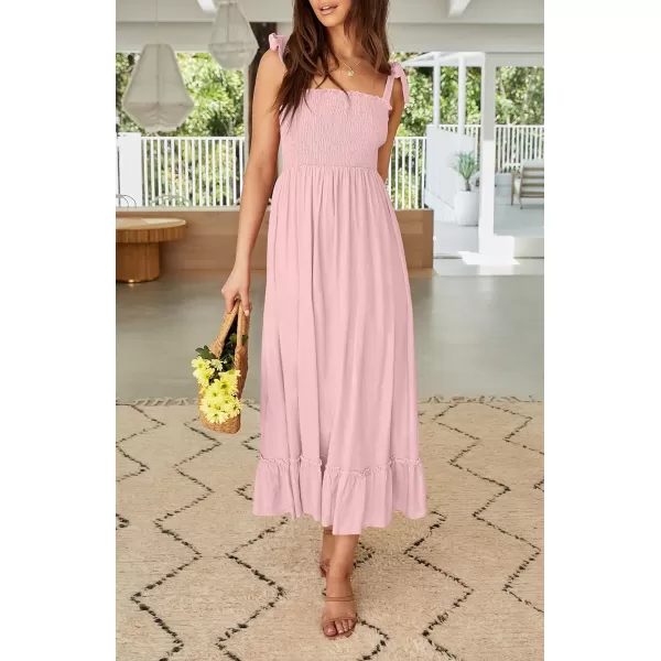 imageZESICA Womens 2023 Summer Boho Spaghetti Strap Square Neck Solid Color Ruffle A Line Beach Long Maxi DressPink