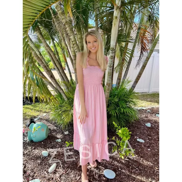 imageZESICA Womens 2023 Summer Boho Spaghetti Strap Square Neck Solid Color Ruffle A Line Beach Long Maxi DressPink