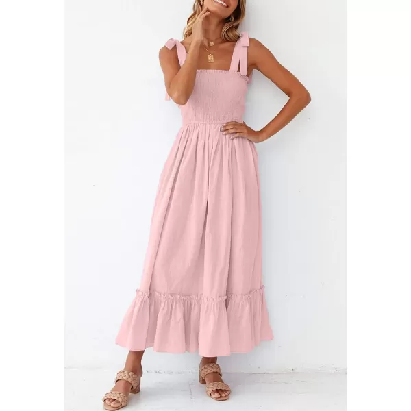 imageZESICA Womens 2023 Summer Boho Spaghetti Strap Square Neck Solid Color Ruffle A Line Beach Long Maxi DressPink