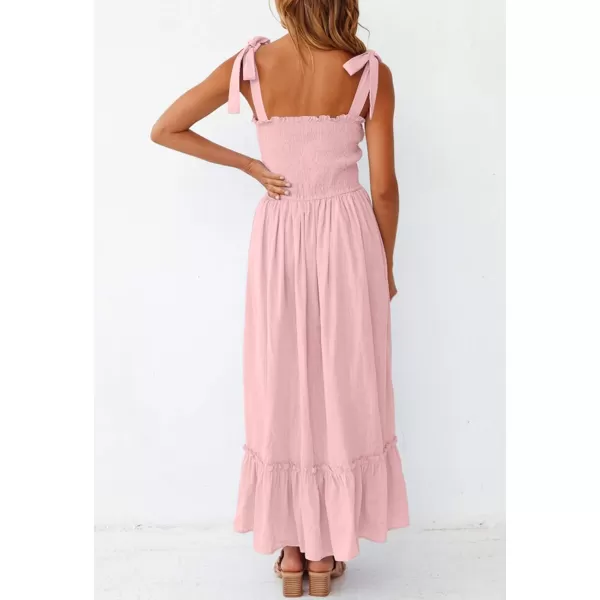 imageZESICA Womens 2023 Summer Boho Spaghetti Strap Square Neck Solid Color Ruffle A Line Beach Long Maxi DressPink