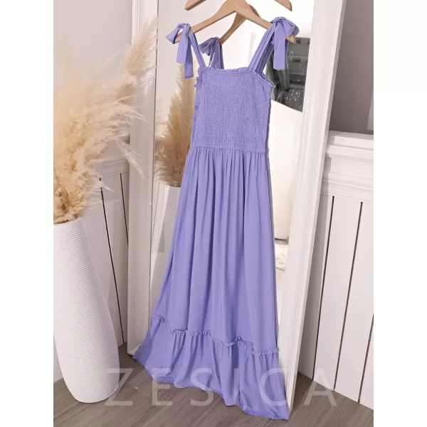 imageZESICA Womens 2023 Summer Boho Spaghetti Strap Square Neck Solid Color Ruffle A Line Beach Long Maxi DressPurple