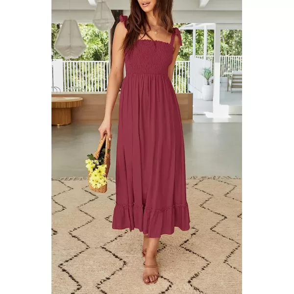 imageZESICA Womens 2023 Summer Boho Spaghetti Strap Square Neck Solid Color Ruffle A Line Beach Long Maxi DressRed