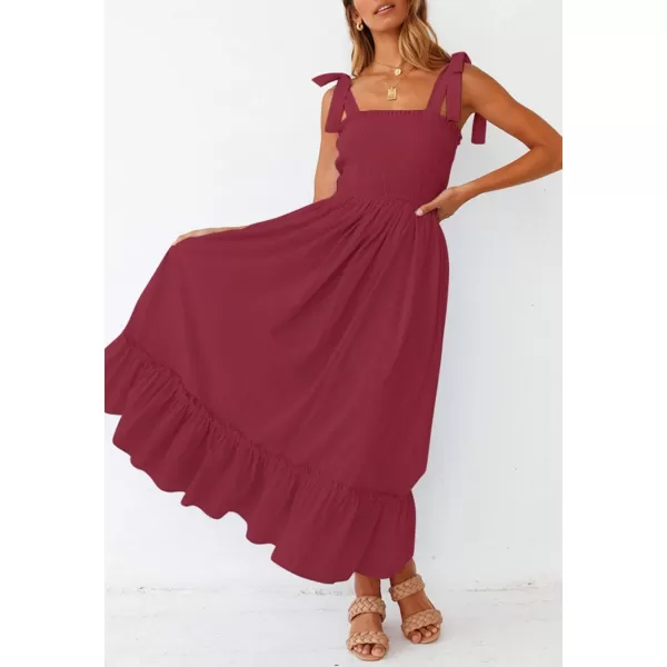 imageZESICA Womens 2023 Summer Boho Spaghetti Strap Square Neck Solid Color Ruffle A Line Beach Long Maxi DressRed