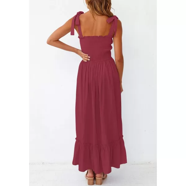 imageZESICA Womens 2023 Summer Boho Spaghetti Strap Square Neck Solid Color Ruffle A Line Beach Long Maxi DressRed