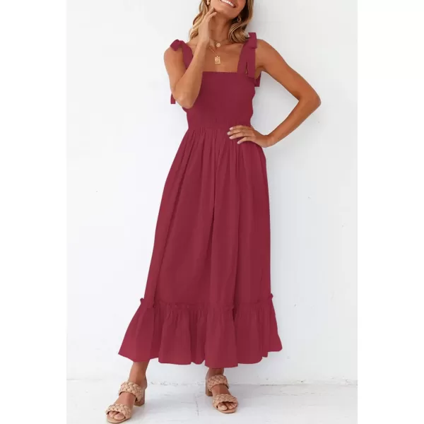 imageZESICA Womens 2023 Summer Boho Spaghetti Strap Square Neck Solid Color Ruffle A Line Beach Long Maxi DressRed