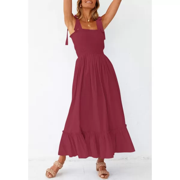 imageZESICA Womens 2023 Summer Boho Spaghetti Strap Square Neck Solid Color Ruffle A Line Beach Long Maxi DressRed