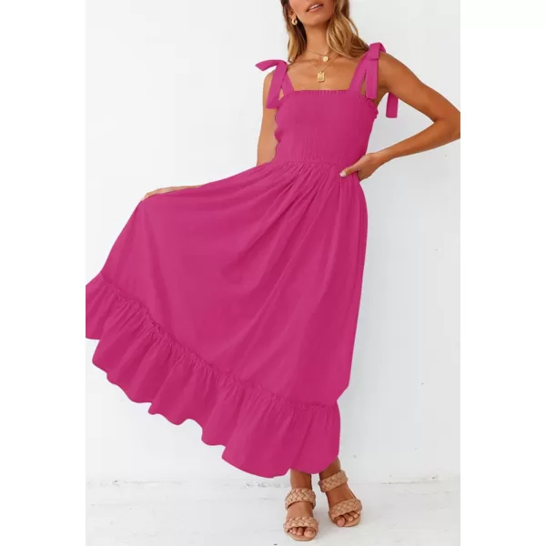 imageZESICA Womens 2023 Summer Boho Spaghetti Strap Square Neck Solid Color Ruffle A Line Beach Long Maxi DressRose