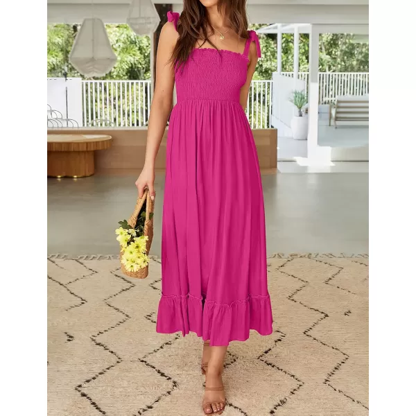 imageZESICA Womens 2023 Summer Boho Spaghetti Strap Square Neck Solid Color Ruffle A Line Beach Long Maxi DressRose
