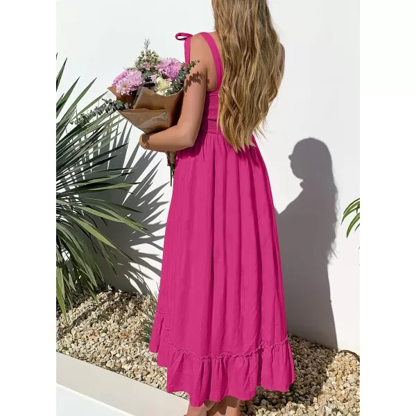 imageZESICA Womens 2023 Summer Boho Spaghetti Strap Square Neck Solid Color Ruffle A Line Beach Long Maxi DressRose