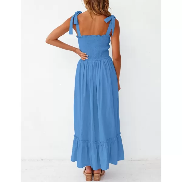 imageZESICA Womens 2023 Summer Boho Spaghetti Strap Square Neck Solid Color Ruffle A Line Beach Long Maxi DressRoyalblue