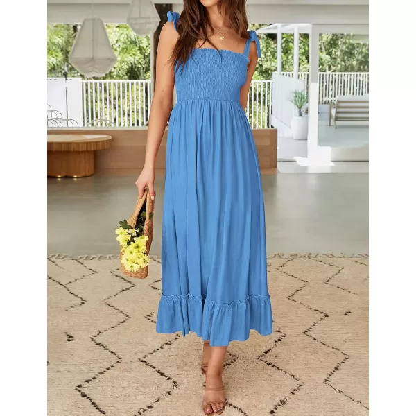 imageZESICA Womens 2023 Summer Boho Spaghetti Strap Square Neck Solid Color Ruffle A Line Beach Long Maxi DressRoyalblue