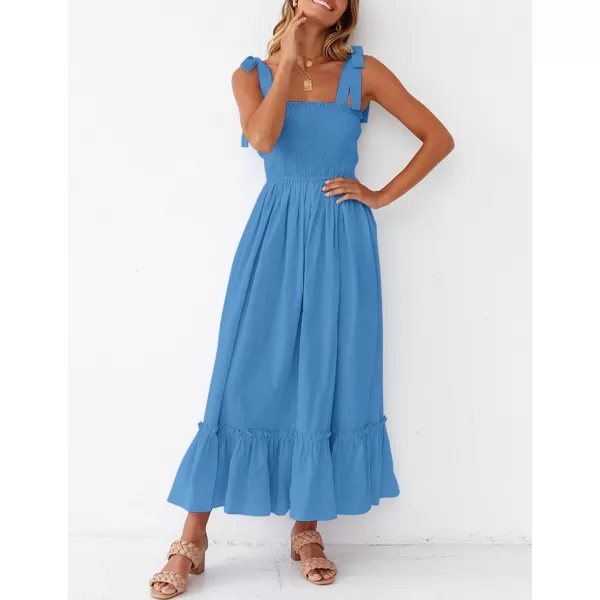 imageZESICA Womens 2023 Summer Boho Spaghetti Strap Square Neck Solid Color Ruffle A Line Beach Long Maxi DressRoyalblue
