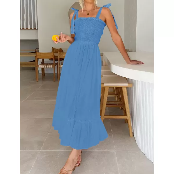 imageZESICA Womens 2023 Summer Boho Spaghetti Strap Square Neck Solid Color Ruffle A Line Beach Long Maxi DressRoyalblue
