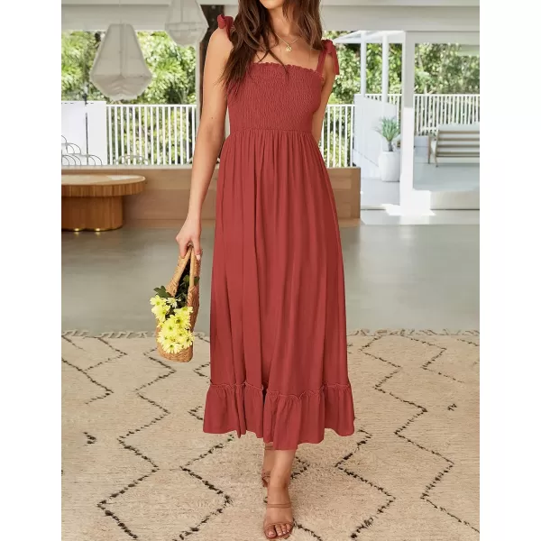 imageZESICA Womens 2023 Summer Boho Spaghetti Strap Square Neck Solid Color Ruffle A Line Beach Long Maxi DressRust