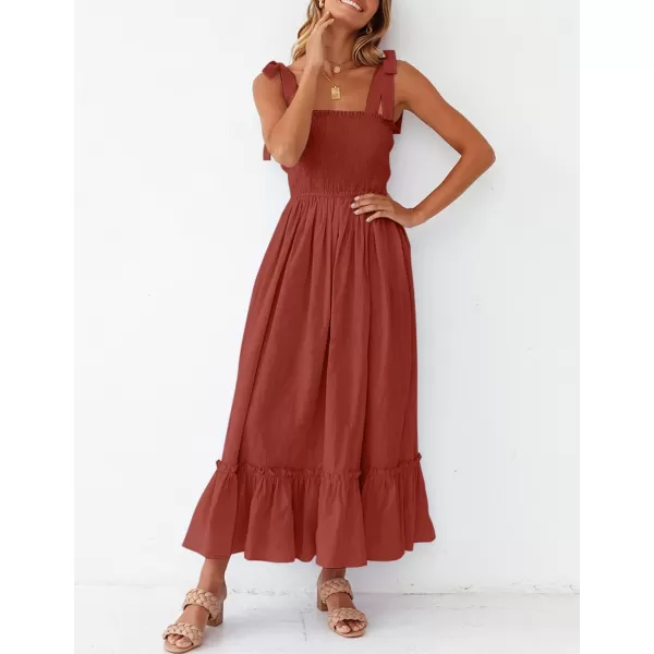 imageZESICA Womens 2023 Summer Boho Spaghetti Strap Square Neck Solid Color Ruffle A Line Beach Long Maxi DressRust