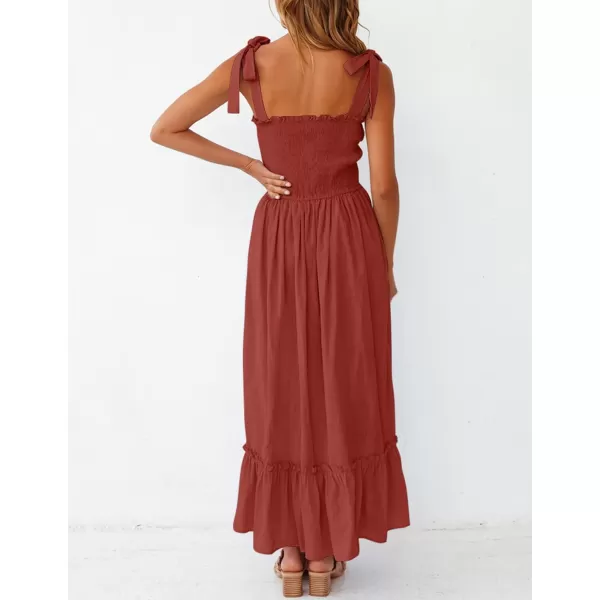 imageZESICA Womens 2023 Summer Boho Spaghetti Strap Square Neck Solid Color Ruffle A Line Beach Long Maxi DressRust