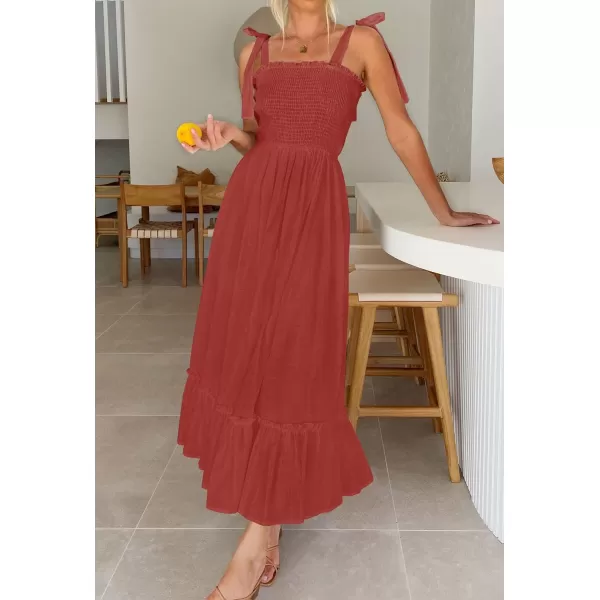 imageZESICA Womens 2023 Summer Boho Spaghetti Strap Square Neck Solid Color Ruffle A Line Beach Long Maxi DressRust