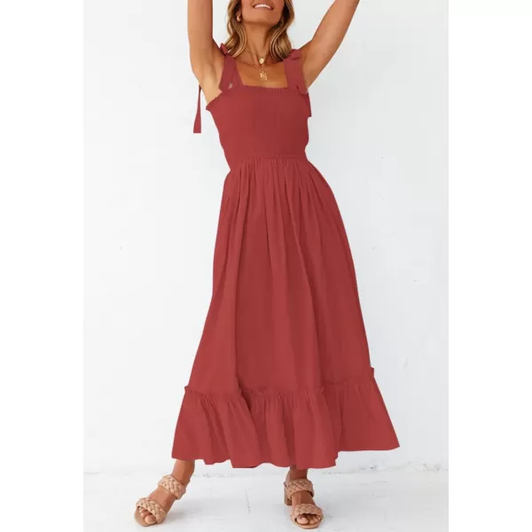 imageZESICA Womens 2023 Summer Boho Spaghetti Strap Square Neck Solid Color Ruffle A Line Beach Long Maxi DressRust