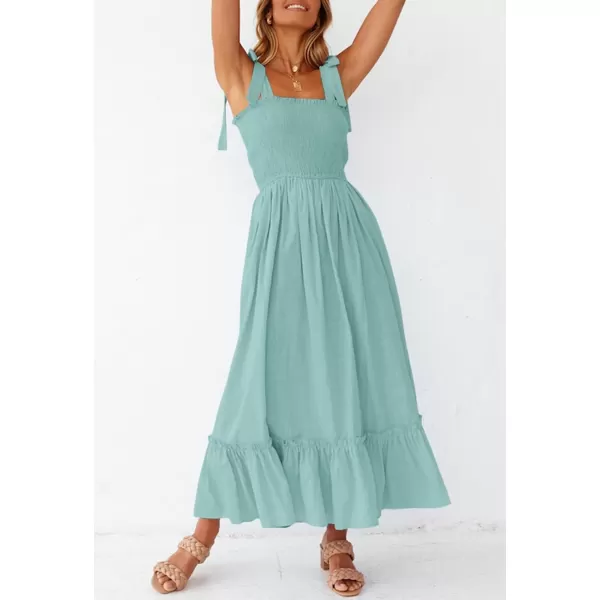 imageZESICA Womens 2023 Summer Boho Spaghetti Strap Square Neck Solid Color Ruffle A Line Beach Long Maxi DressSage