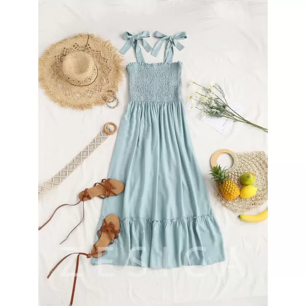 imageZESICA Womens 2023 Summer Boho Spaghetti Strap Square Neck Solid Color Ruffle A Line Beach Long Maxi DressSage